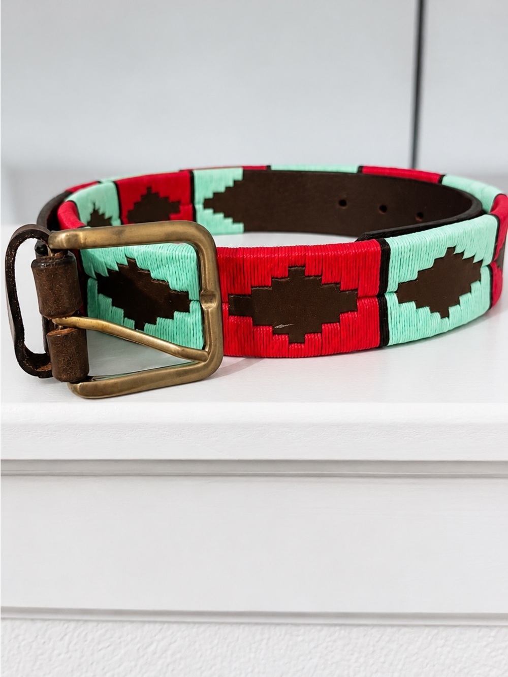 Argentina Polo Club Handwoven Leather Belt Pink & Turquoise Geometric Pattern